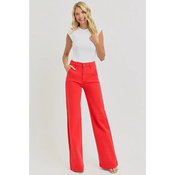 RISEN JEANS Pants - Risen Wide Leg Jeans Womens Poppy Red High Rise Stretch Fireball Pants Size 1/25